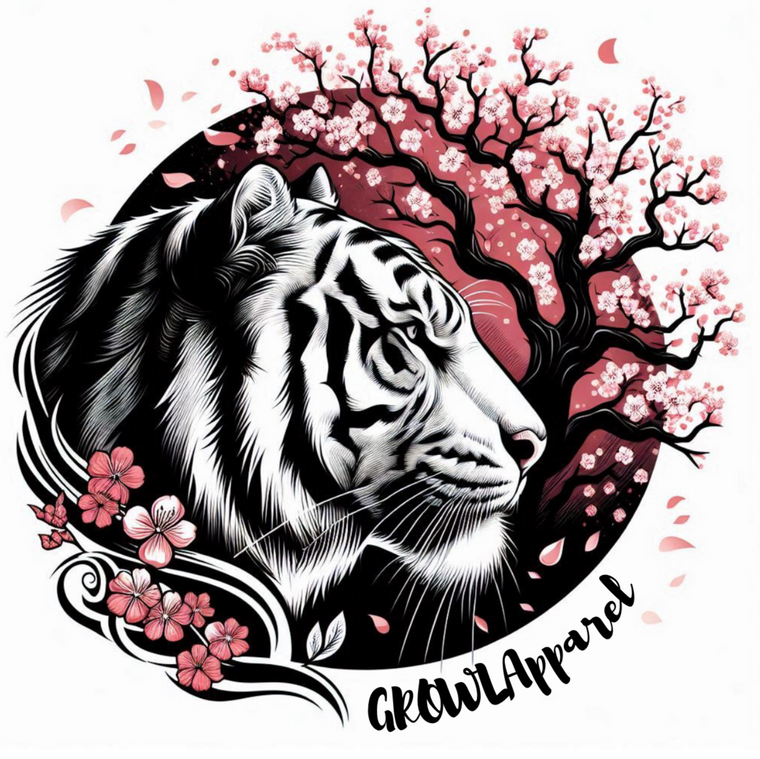 Black and white tiger illustration with pink cherry blossoms on a white background, featuring the brand 'Grow Apparel'.